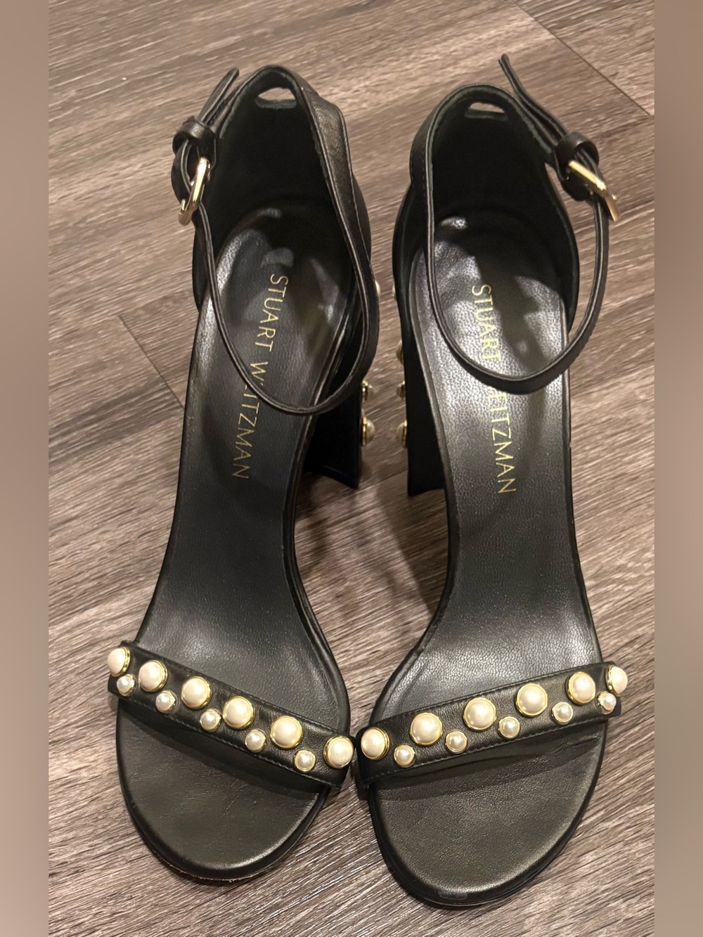 Stuart Weitzman More Pearl Black Leather Block Heel Size 8